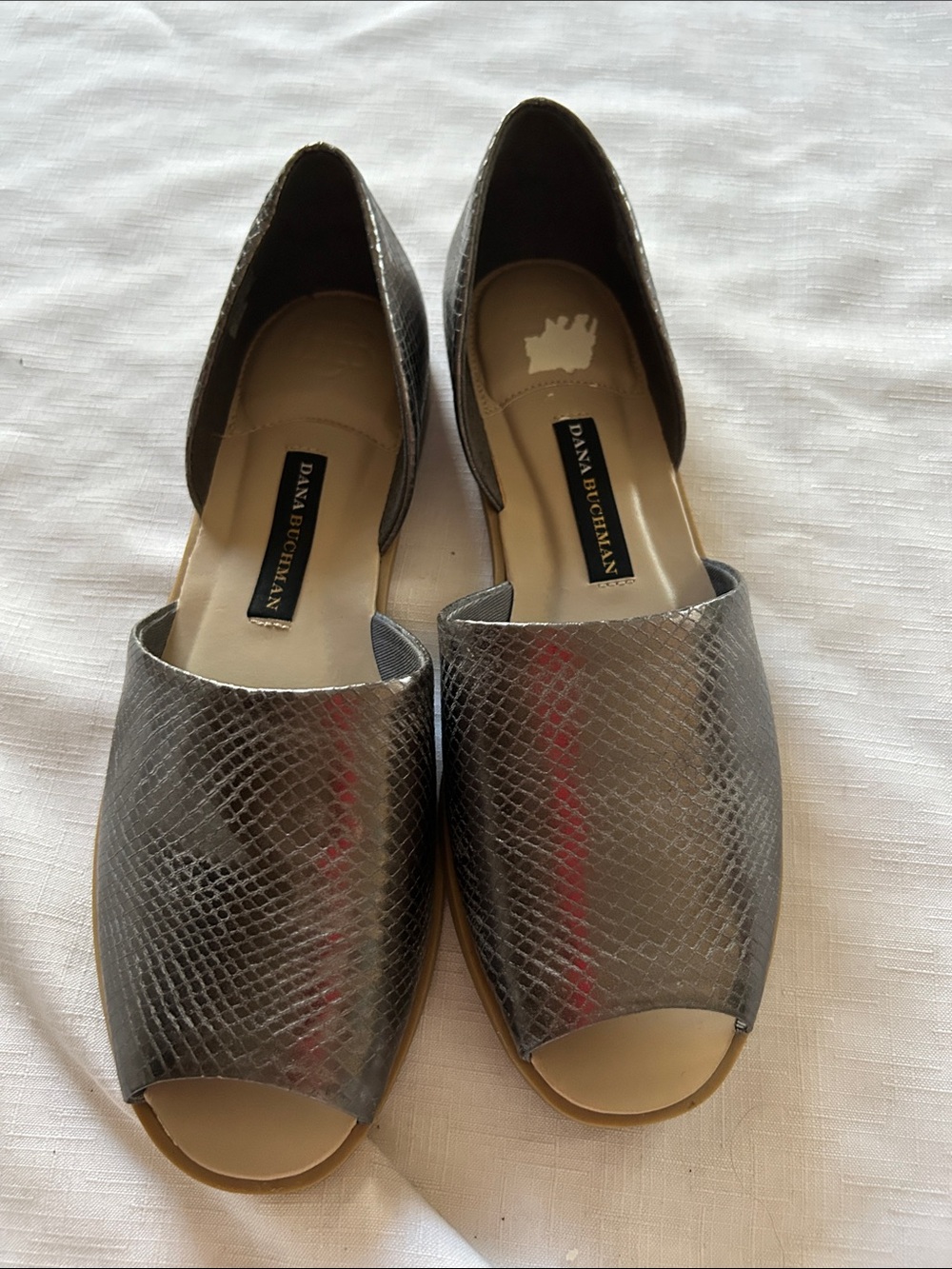Silver Snake-Print Peep-Toe Flats